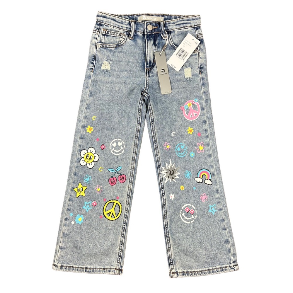 NWT Tractr Girls Size 6 Wide Leg Graphic Blue Jeans Peace Rainbow Painted Denim